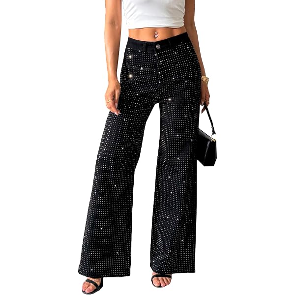 heipeiwa Women's Rhinestone Jeans Wide Leg Baggy Denim Pants High